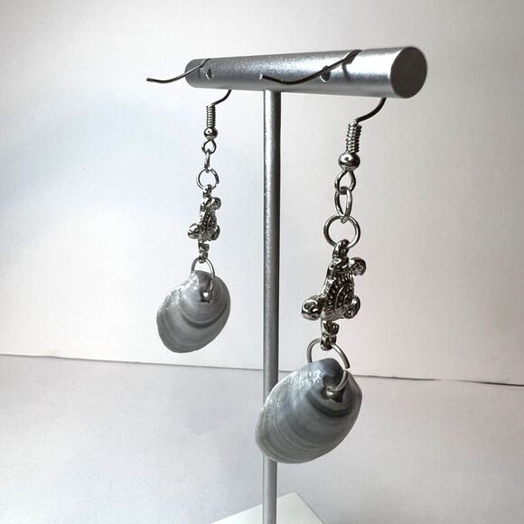Dangle Earrings Genuine Handcrafted Seashell Turtle Blue Gray Coastal Beach - Picture 12 of 15
